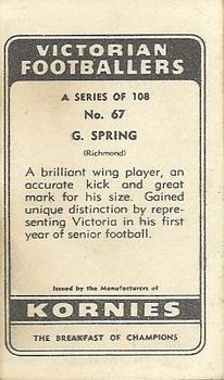 1949 Kornies Victorian Footballers #67 Geoff Spring Back